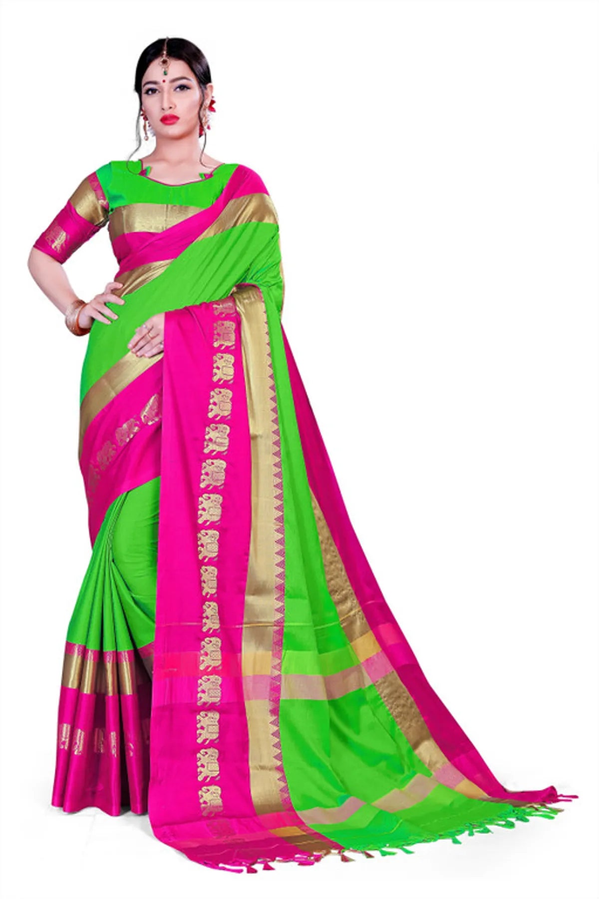 ELEPHANT BORDER Neon Green and Hot Pink Soft Cotton Silk Electric Fusion Saree For Women