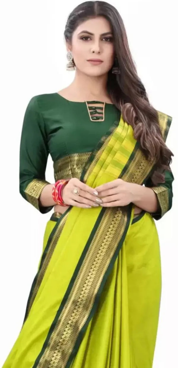 GREEN SOFT COTTON SILK EMERALD SERENITY GLOW SAREE FOR WOMEN