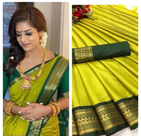 BIRD BORDER (CHIDIYA) GREEN SOFT COTTON SILK EMERALD SERENITY GLOW SAREE FOR WOMEN
