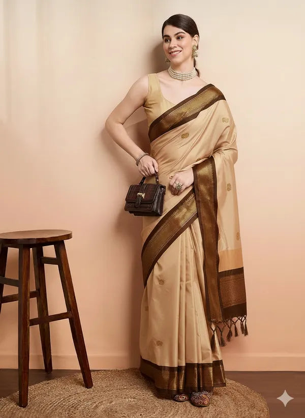 PAITHANI SOLID TUSAR BROWN SOFT COTTON SILK EARTH WHISPER SAREE FOR WOMEN