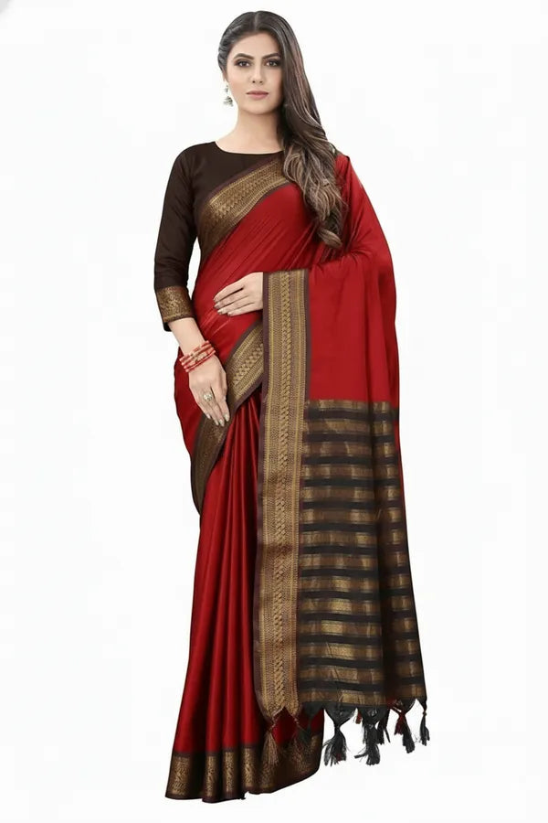 BIRD BORDER (CHIDIYA) RED & BROWN SOFT COTTON SILK RUBY GARDEN CHARM SAREE FOR WOMEN