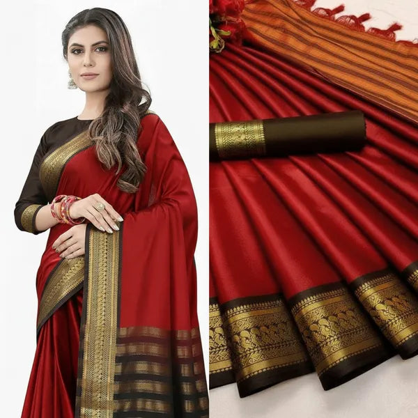 BIRD BORDER (CHIDIYA) RED & BROWN SOFT COTTON SILK RUBY GARDEN CHARM SAREE FOR WOMEN