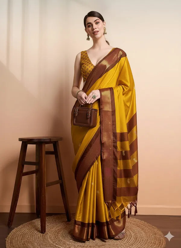 YELLOW & BROWN SOFT COTTON SILK AMBER EARTH ALLURE SAREE
