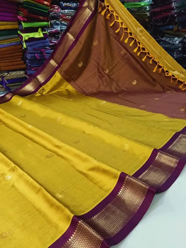 PAITHANI SOLID YELLOW & BROWN SOFT COTTON SILK AMBER EARTH ALLURE SAREE