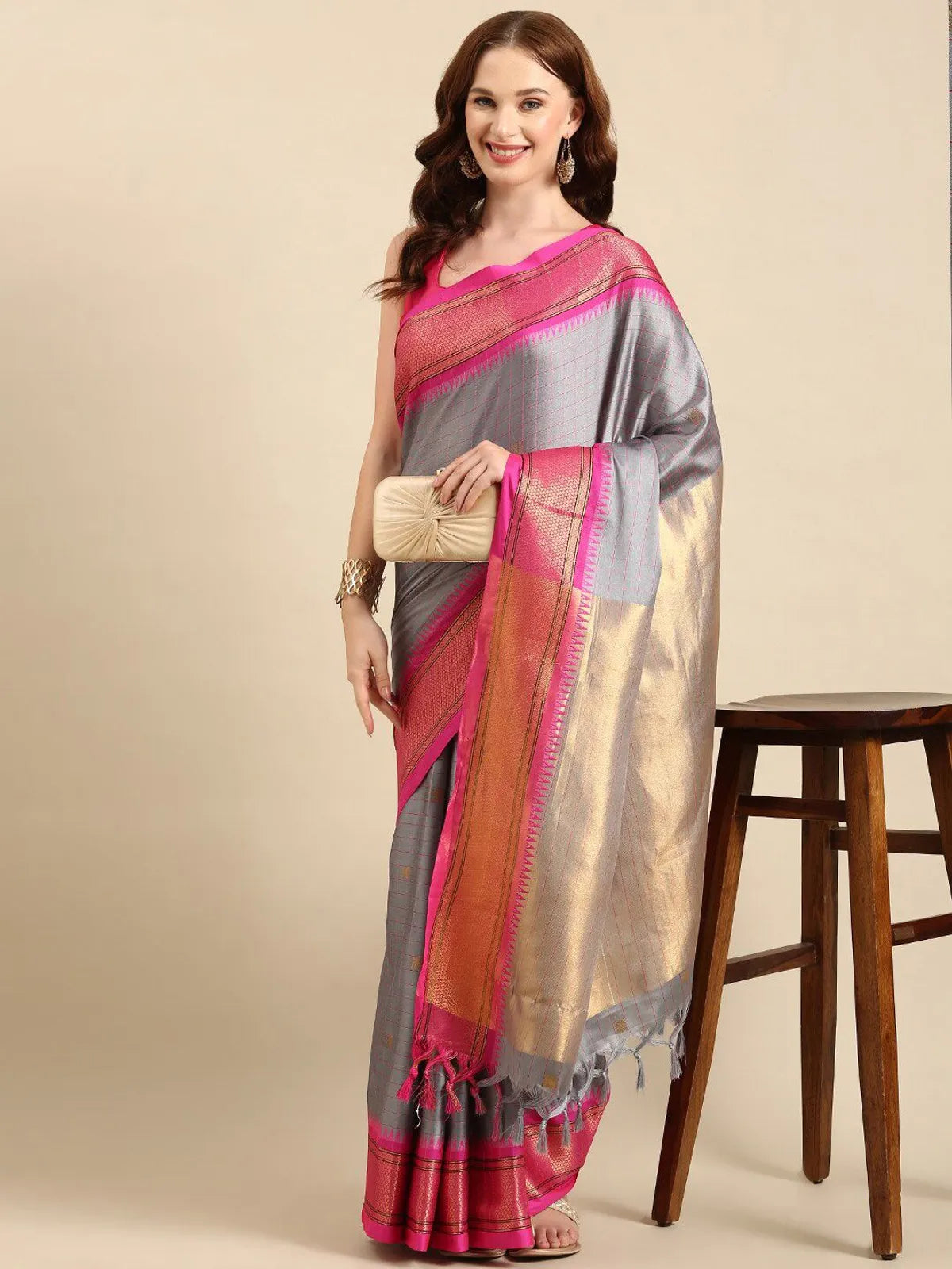 CHECKS Grey Pink Soft Cotton Silk Rosy Smoke Whisper Saree For Women