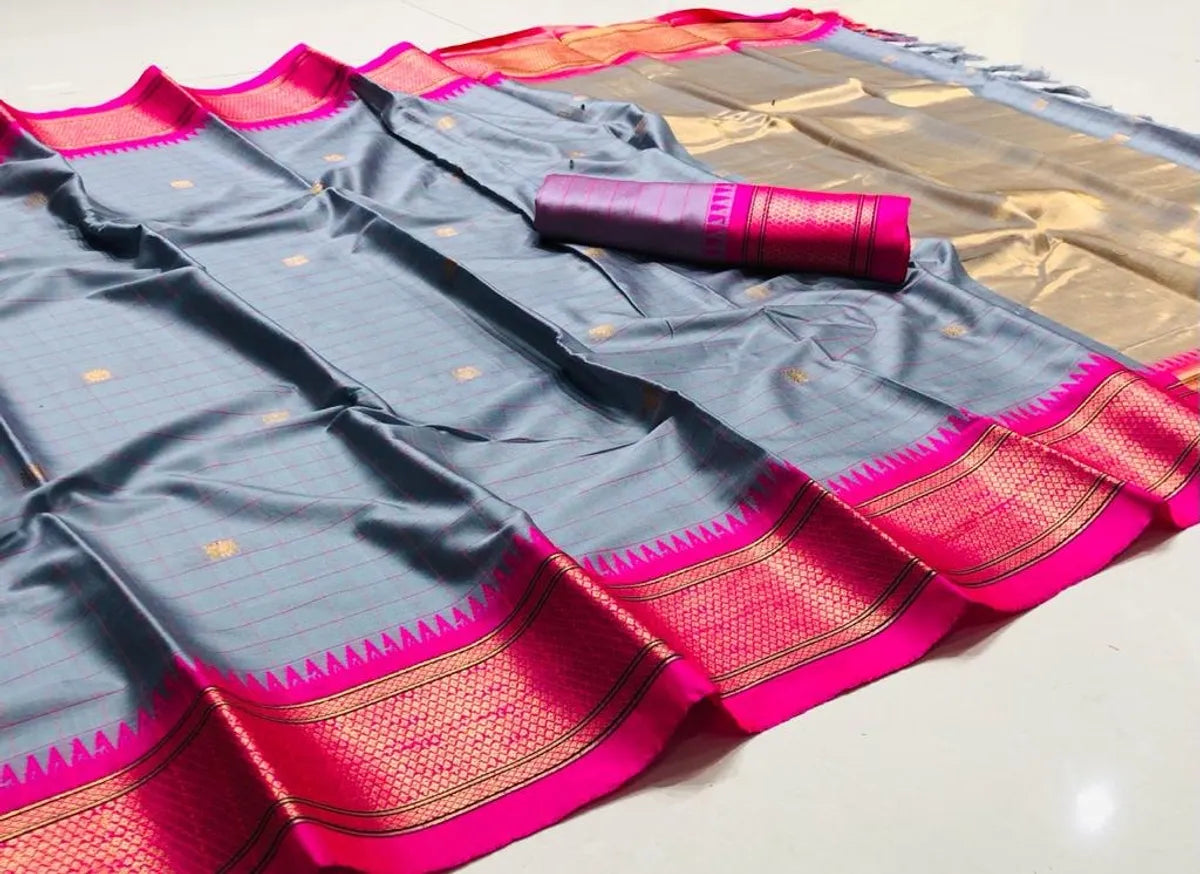 CHECKS Grey Pink Soft Cotton Silk Rosy Smoke Whisper Saree For Women