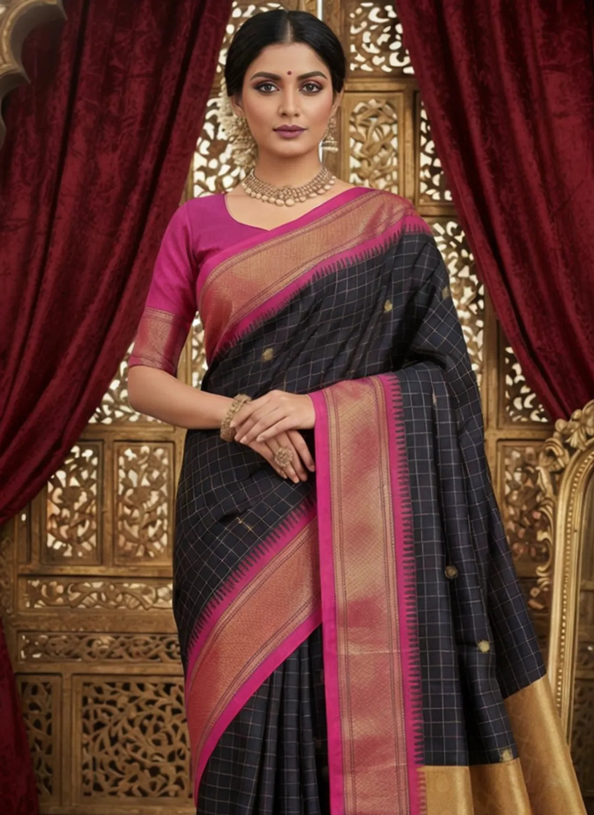 Black And Pink Soft Cotton Silk Blush Noir Elegance Saree For Women