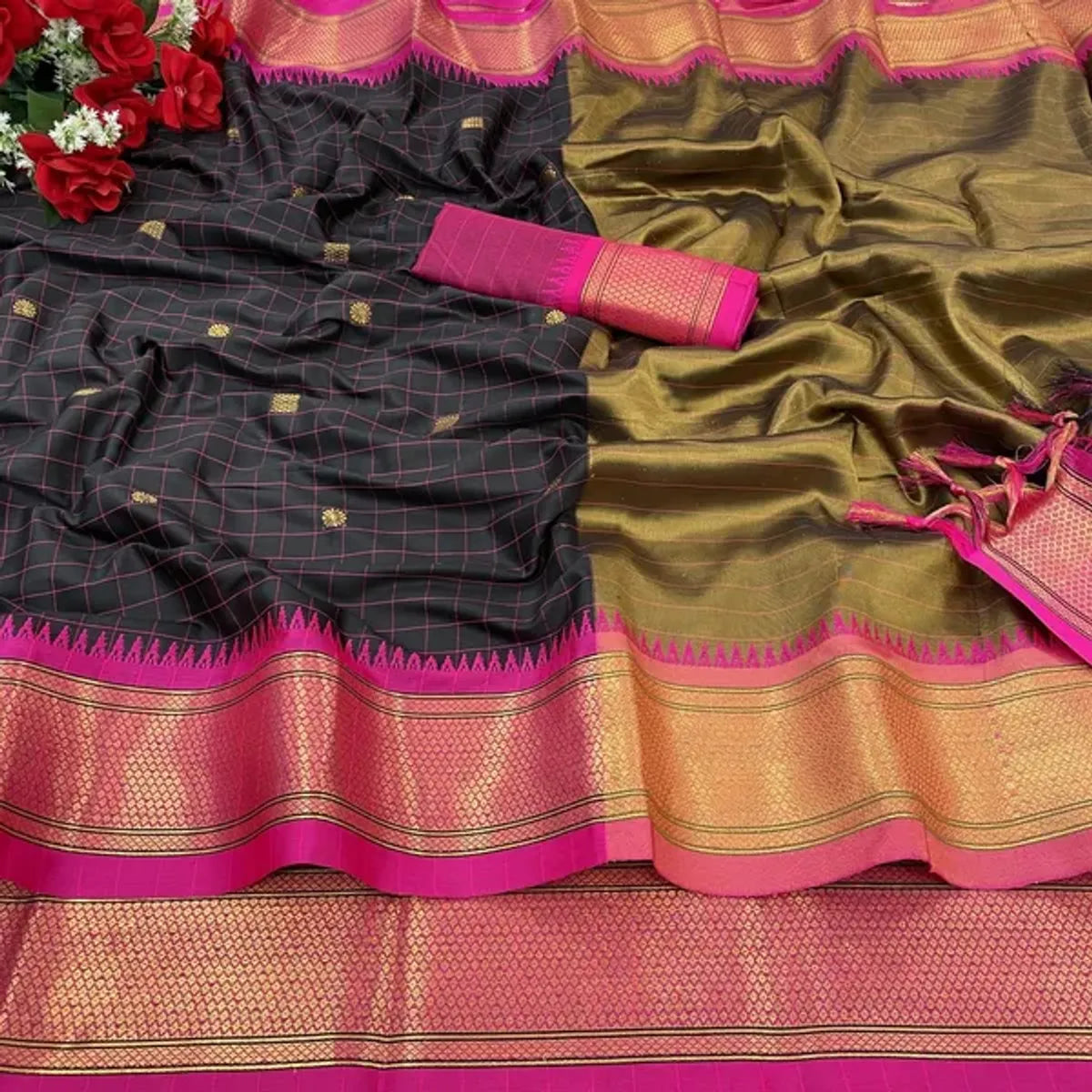 CHECKS Black And Pink Soft Cotton Silk Blush Noir Elegance Saree For Women