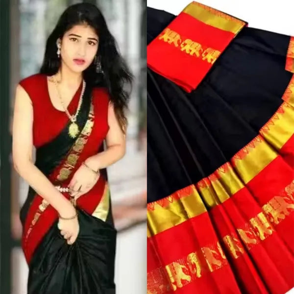 ELEPHANT BORDER BLACK RED SOFT COTTON SILK MIDNIGHT SCARLET MUSE SAREE FOR WOMEN