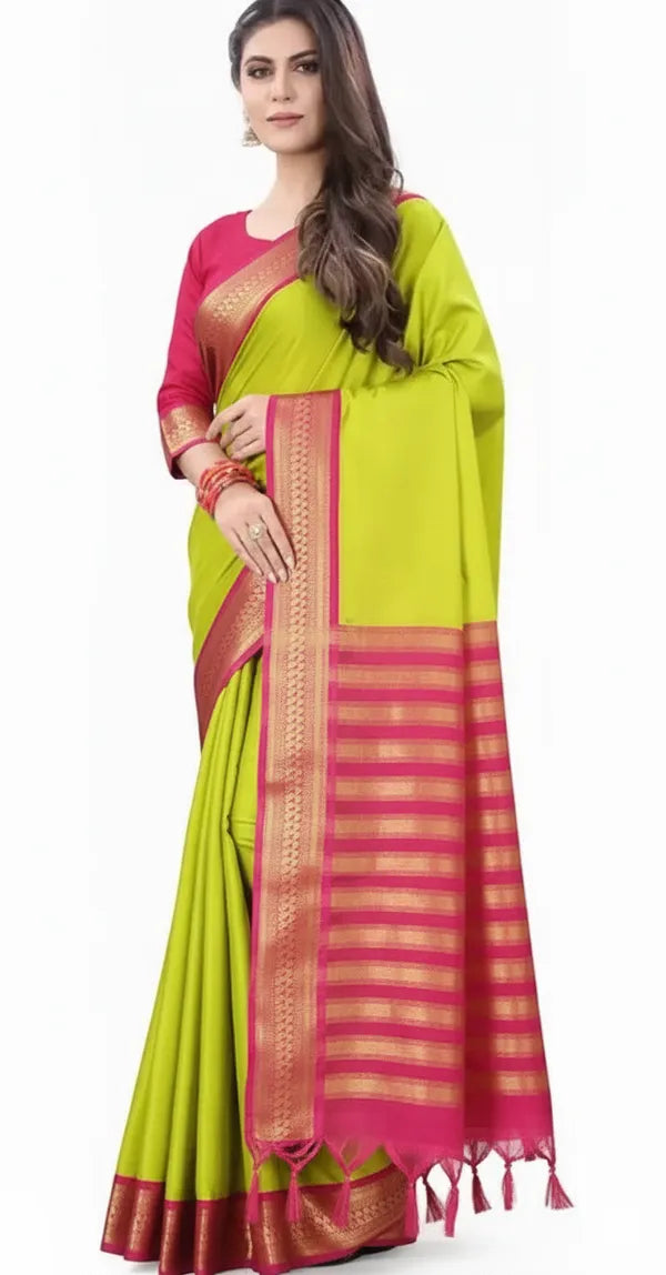 PARROT GREEN & PINK SOFT COTTON SILK TROPICAL BLUSH BLISS SAREE