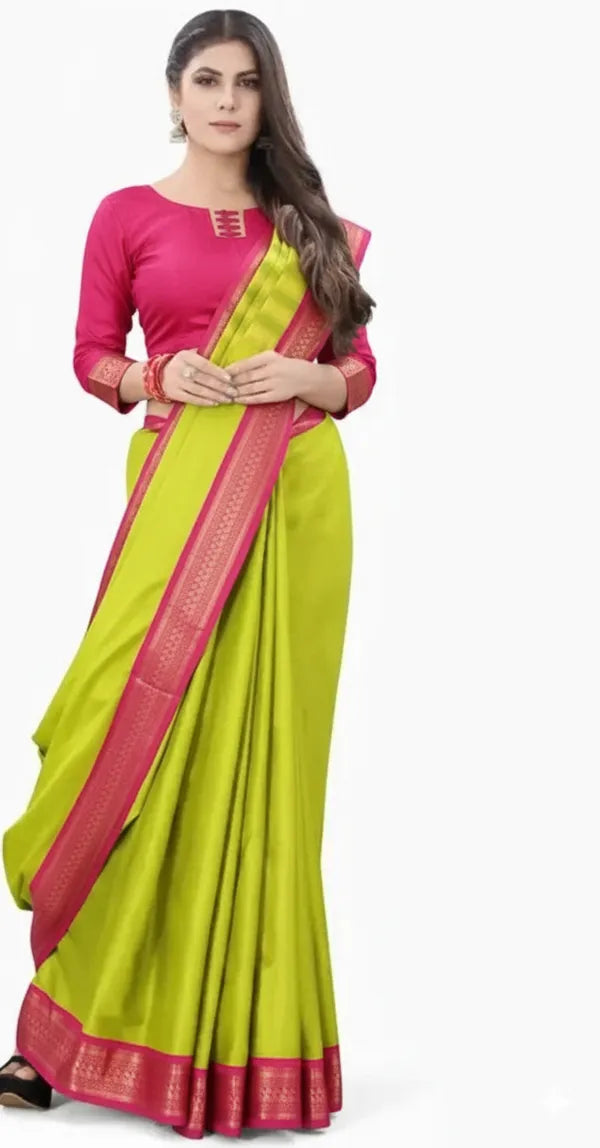 BIRD BORDER (CHIDIYA) PARROT GREEN & PINK SOFT COTTON SILK TROPICAL BLUSH BLISS SAREE