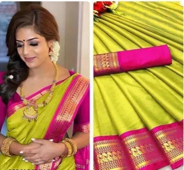 BIRD BORDER (CHIDIYA) PARROT GREEN & PINK SOFT COTTON SILK TROPICAL BLUSH BLISS SAREE