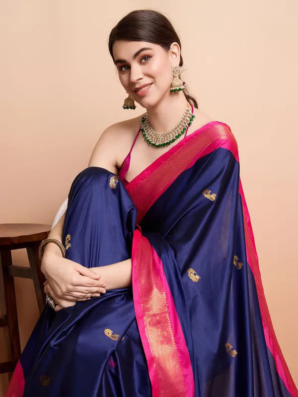 PAITHANI SOLID NEVY BLUE PINK SOFT COTTON SILK OCREAN  BLUSH ESSENCE SAREE FOR WOMEN