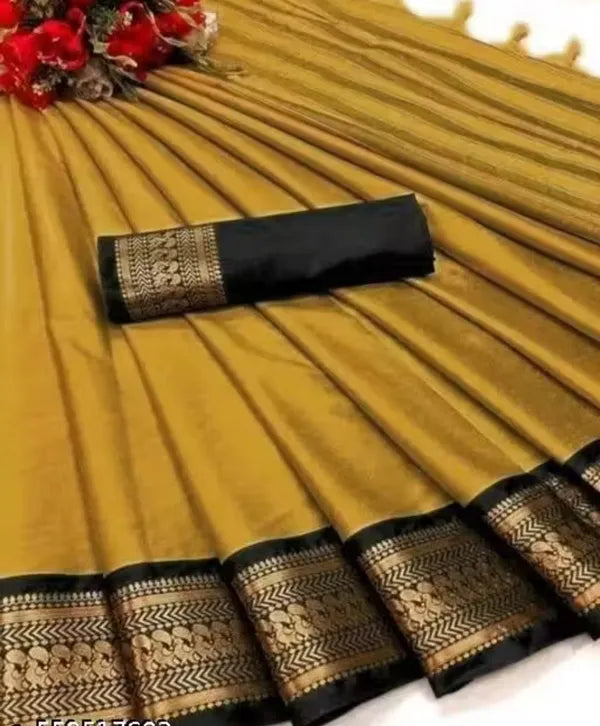 BIRD BORDER (CHIDIYA) GOLD BLACK SOFT COTTON SILK GILDED ONYX ESSENCE SAREE FOR WOMEN