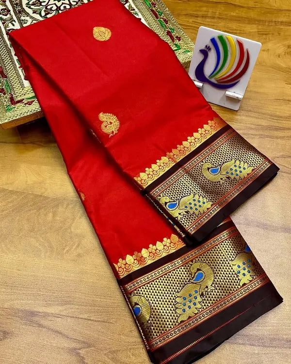 PEACOCK RED BLACK SOFT COTTON SILK CRIMSON SHADOW CHARM SAREE