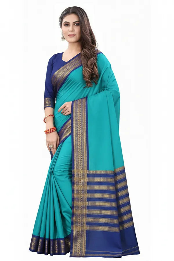 CYAN BLUE SOFT COTTON SILK AZIURE MIST SERENITY SAREEN FOR WOMEN
