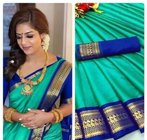 BIRD BORDER (CHIDIYA) CYAN BLUE SOFT COTTON SILK AZIURE MIST SERENITY SAREEN FOR WOMEN