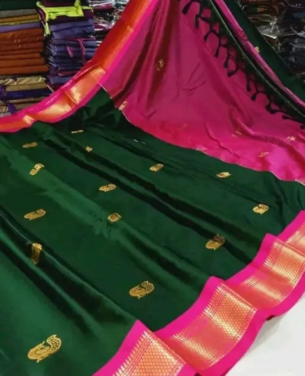 PAITHANI SOLID GREEN PINK SOFT COTTON SILK EMERALD ROSE TUCH SAREE