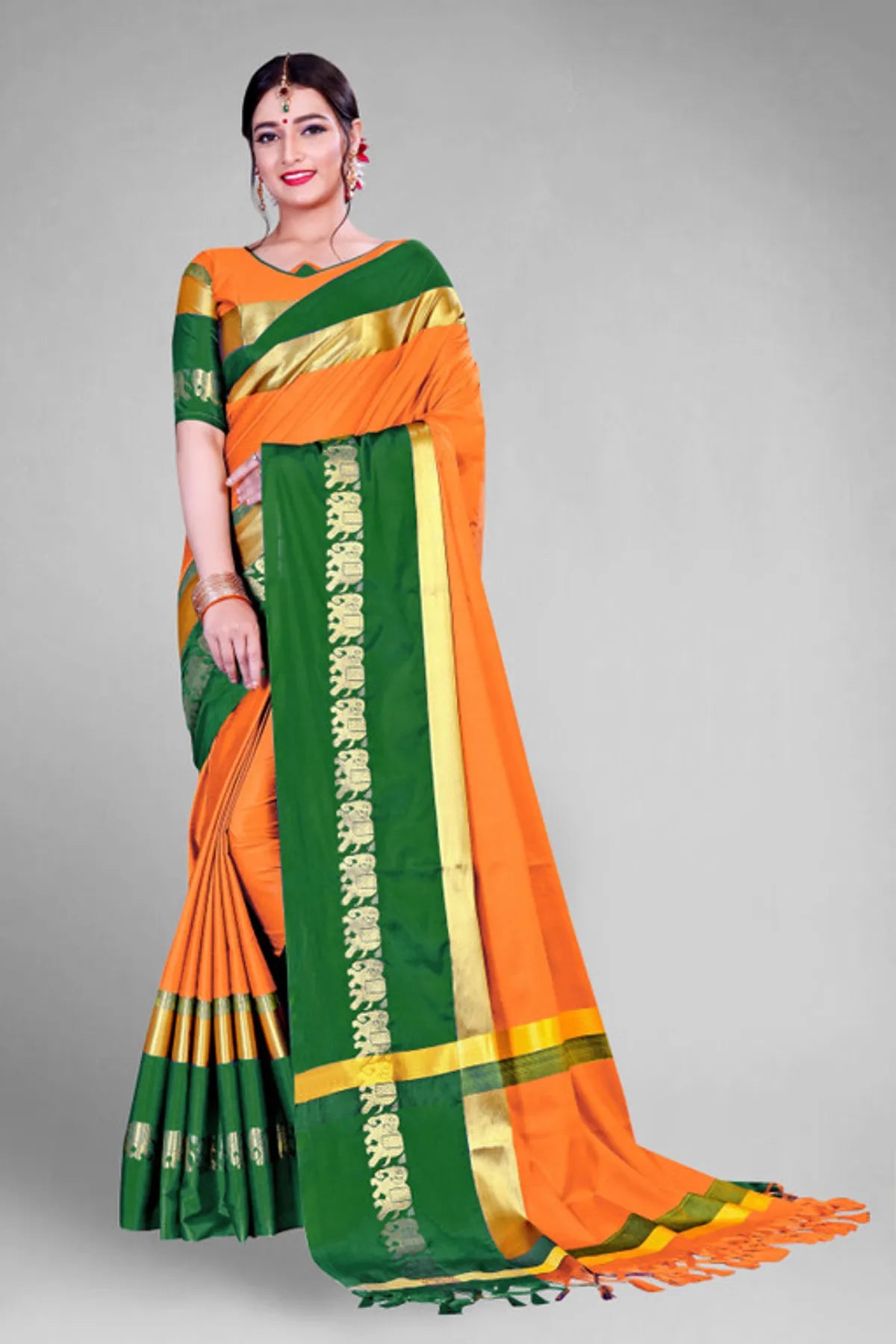 ELEPHANT BORDER Mango Green Soft Cotton Silk Tropical Emerald Whisper Saree For Women