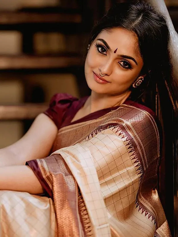 CHECKS CREAM & BROWN SOFT COTTON SILK LVORY MOCHA DREAM SAREE FOR WOMEN