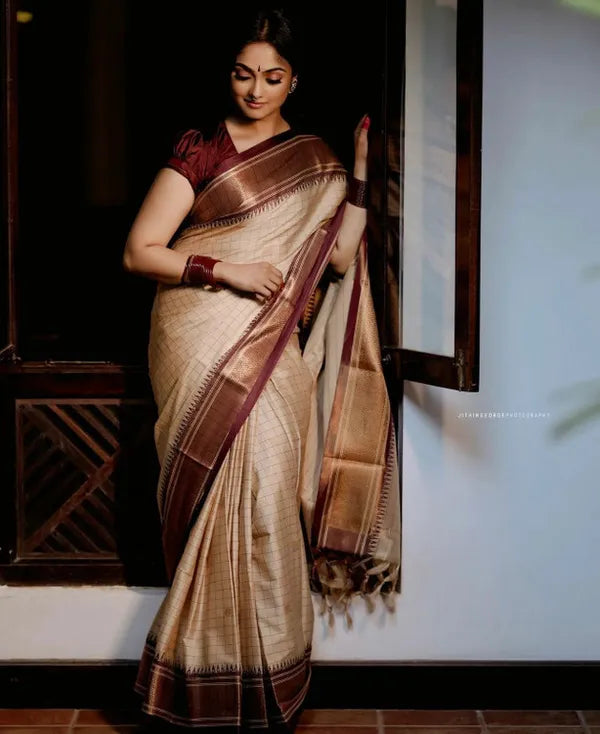 CHECKS CREAM & BROWN SOFT COTTON SILK LVORY MOCHA DREAM SAREE FOR WOMEN