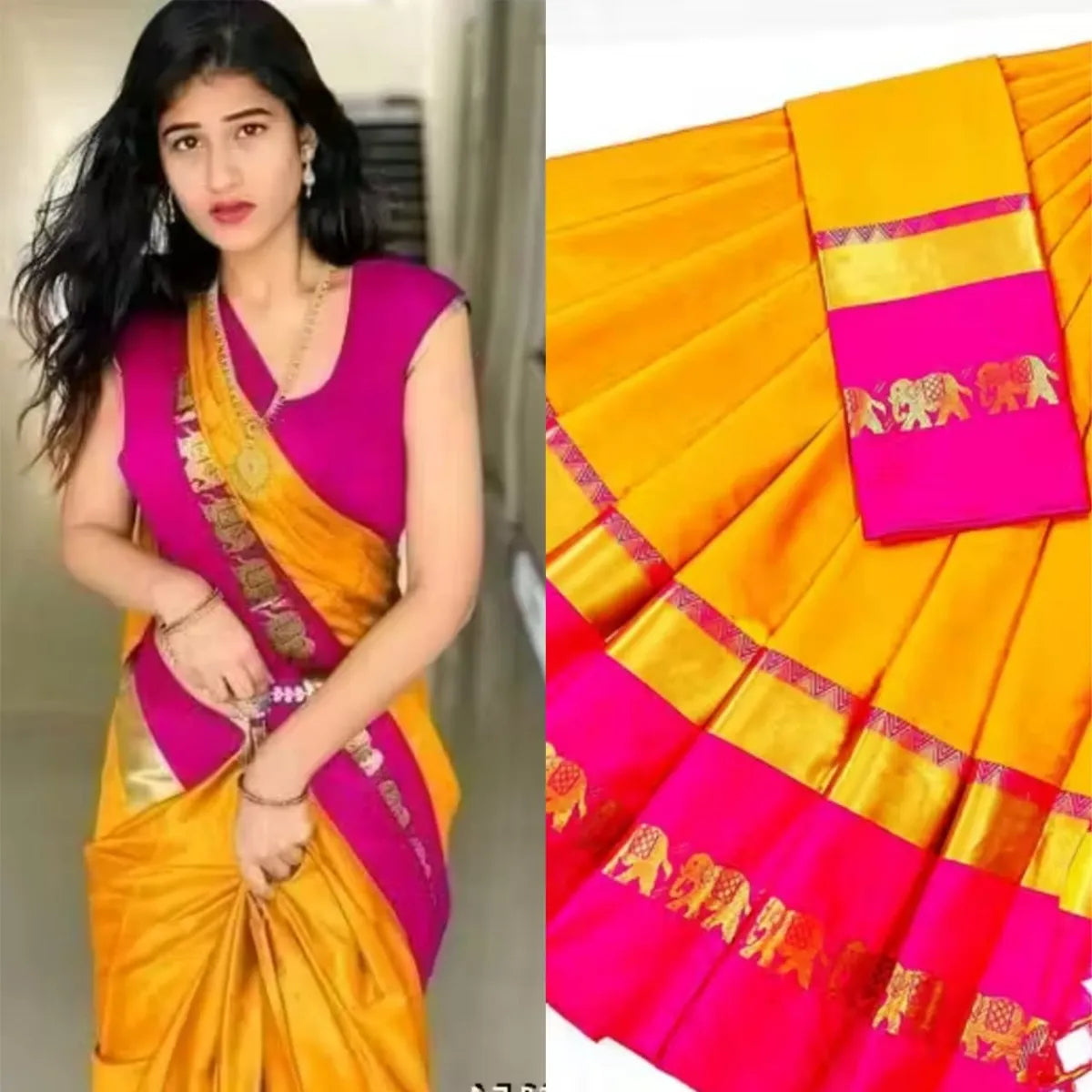 ELEPHANT BORDER Gold Pink Soft Cotton Silk Blush Symphony Saree For Women