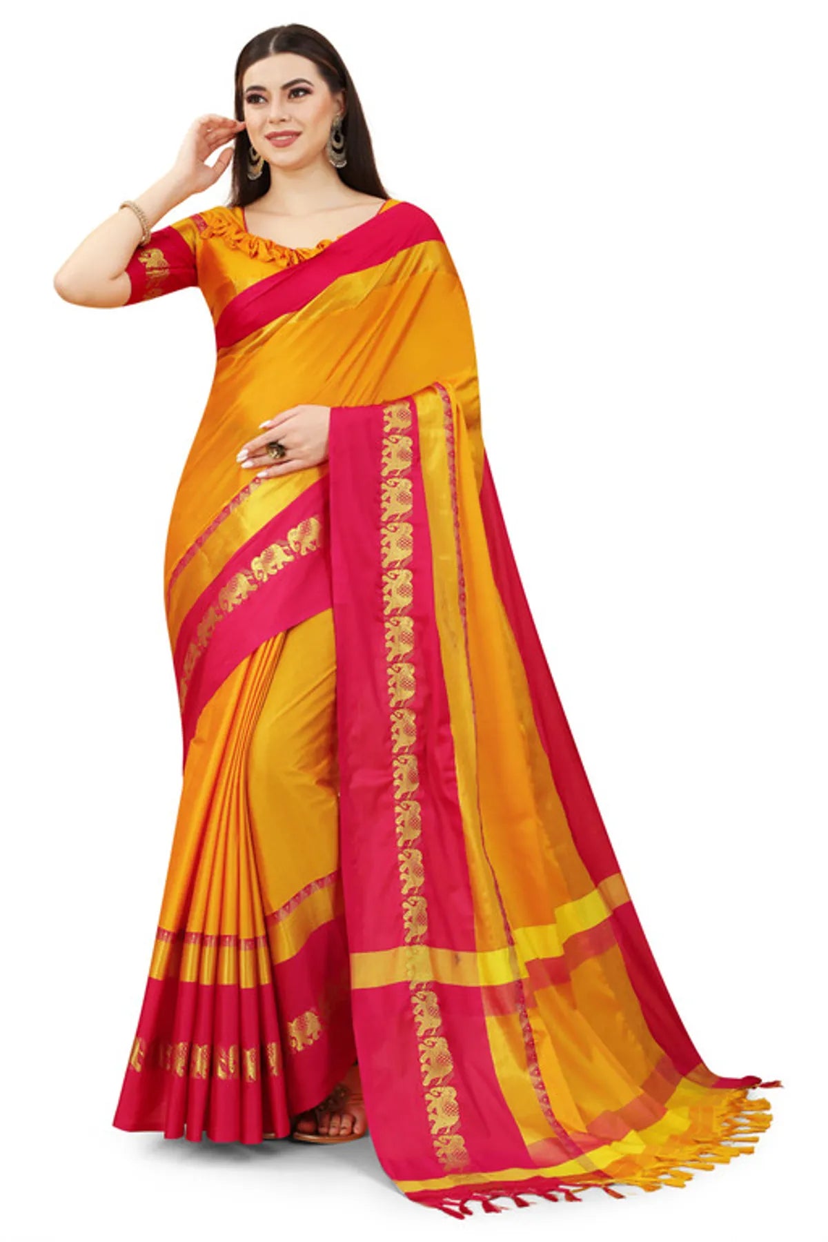 ELEPHANT BORDER Gold Pink Soft Cotton Silk Blush Symphony Saree For Women